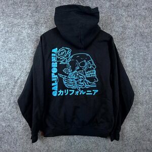 SCW Hoodie Mens Medium Black Fleece Lined Cotton California Skull Rose Graphic